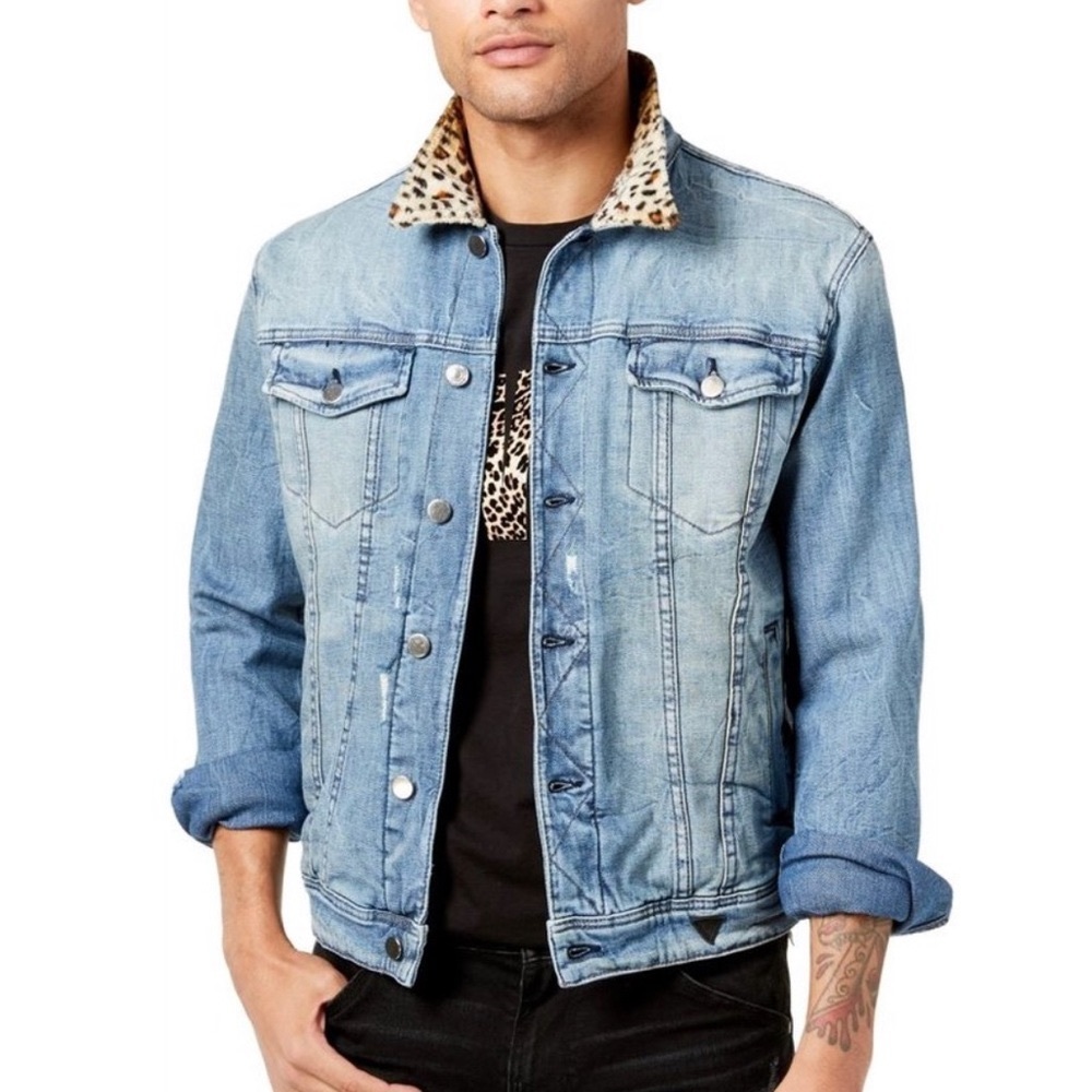 Guess Jeans Jacket w/ Fur Leopard Collar